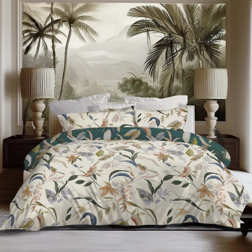 Tropical-themed bedding set with palm tree mural in a bedroom.