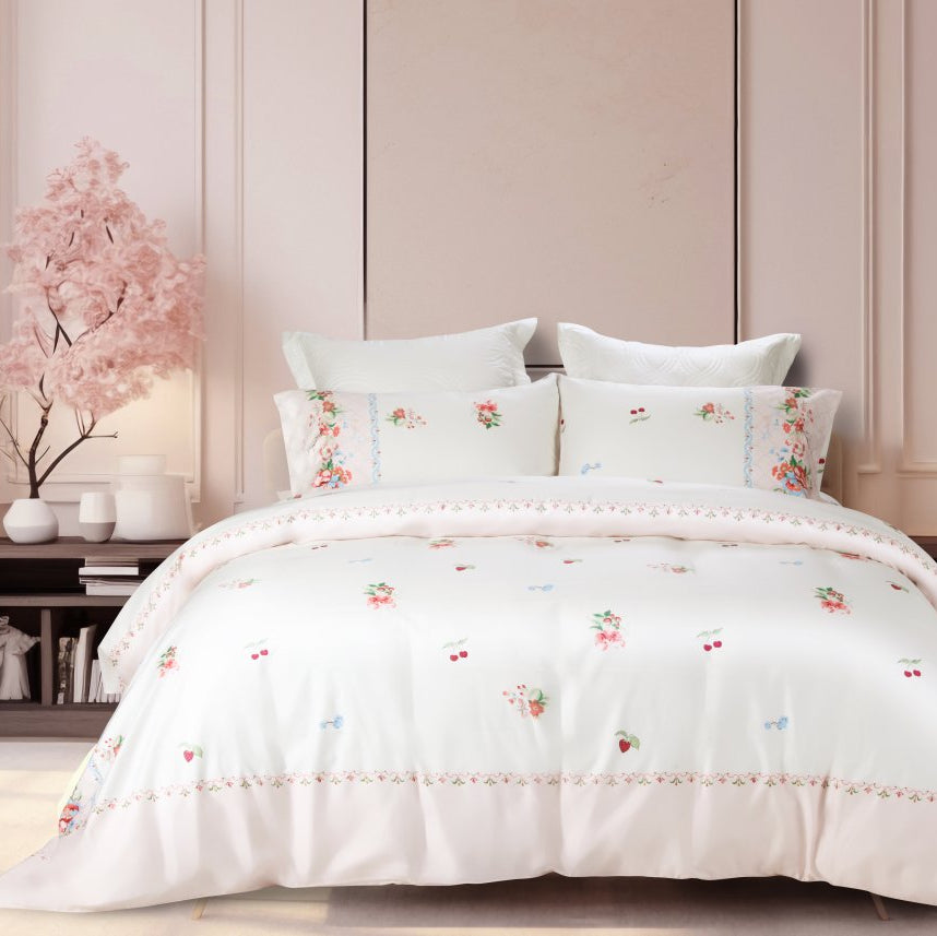 Floral embroidered bedding set on a bed in a bedroom setting