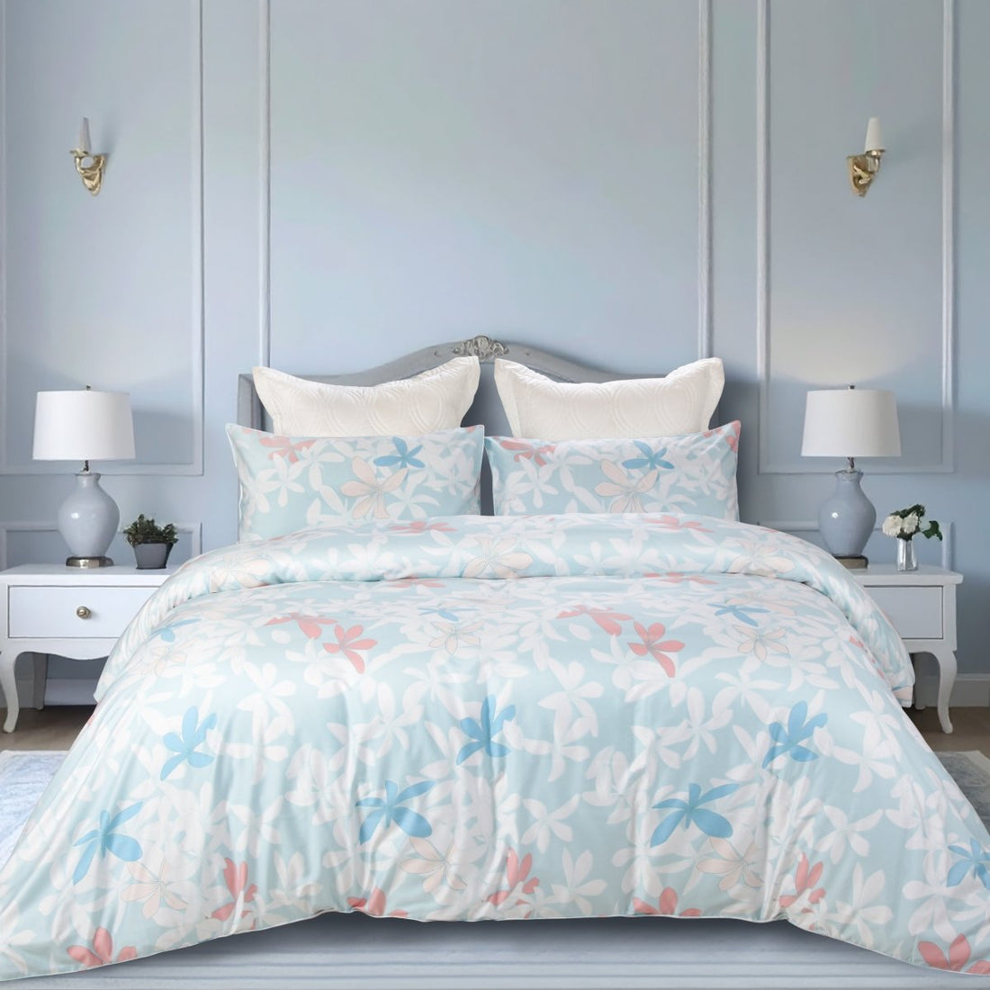 Floral pattern light blue 400 thread count cotton bedding set in bedroom setting